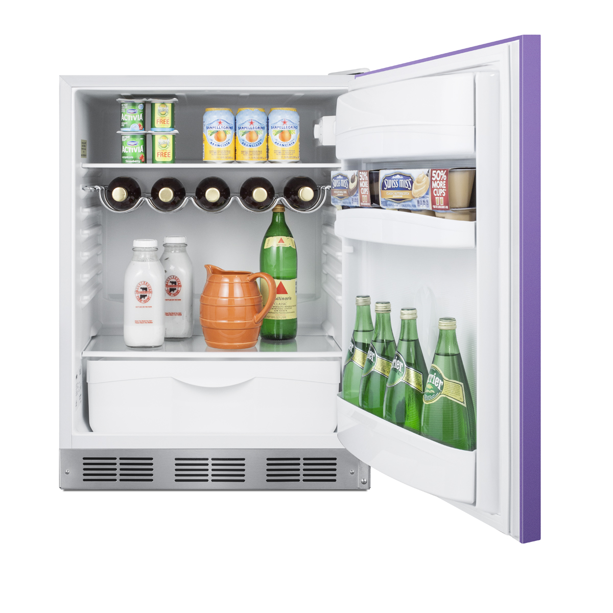 24 in. wide ADA height all-refrigerator for residential use, auto defrost with an lavender purple door, stainless steel handle, and white cabinet